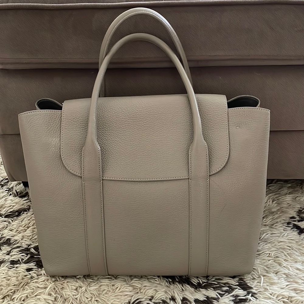 Cuyana Trapeze Satchel Tote Laptop Taupe Gray Pebble Leather